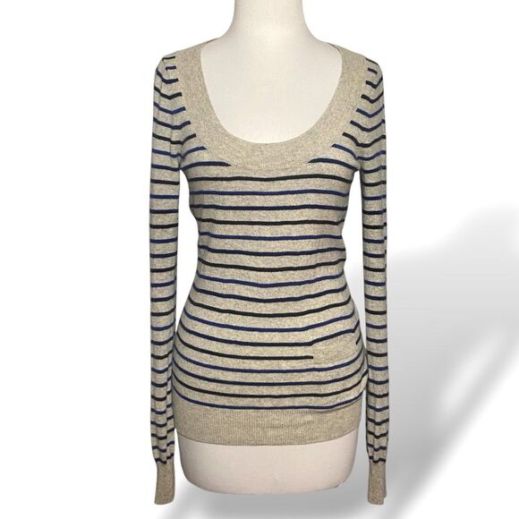 Theory Women Cashmere Sweater Size M Grey Blue Black Stripes Deep Scoop Neck - Picture 1 of 11